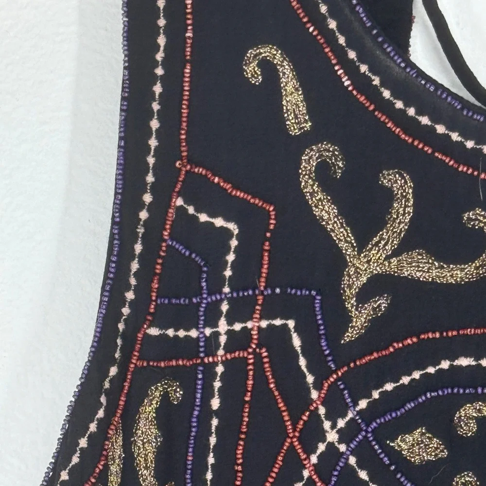 Free People Beaded Embroidered‎ Lace Up Open Back Mini Dress 2 Black Festival
